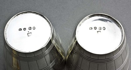 Bateman Silver Barrel Shaped Beakers (Pair) - Ducal Crest, Dalton, Draycott, Codrington